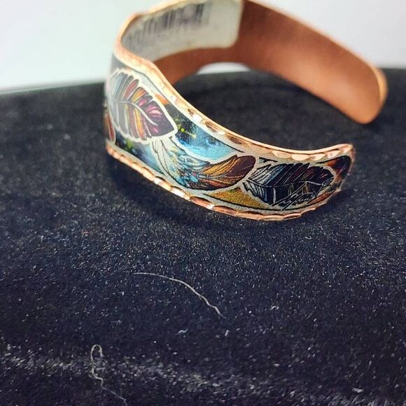 Colorful Native Inspired Copper Feather adjustable cuff bracelet - Picture 5 of 6